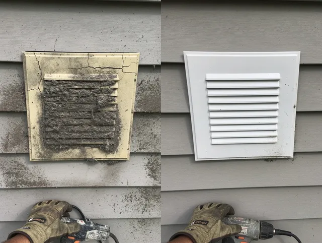 Berea Dryer Vent Cleaning technician installing high-quality dryer vent cover at a residential property in Berea